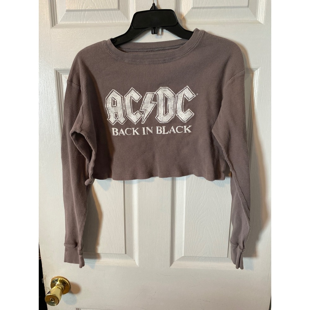 AC/DC Back in Black Cropped Thermal Long Sleeve Graphic Tee Brown Medium